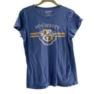 Harry Potter Hogwarts Crest Blue Graphic T-Shirt Size M 100% Cotton Tee Gold